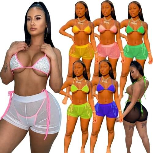 Summer Sexy Swimwear Women Hot Rhinestone Mesh Beach Bikini Three Piece Set Solid Color Bandage Swimsuit Outfits