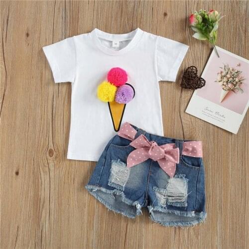 Fashion Kids Girls 2-piece Summer Casual Outfit Short Sleeve Pompom Tops Denim Shorts Baby Clothing Set