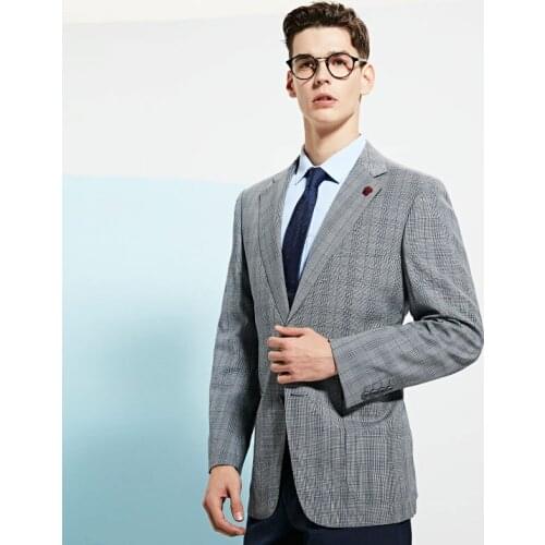 91% wool 9% silk blazer men full sleeve smart casual 2 button man clothes 2018 autumn business gentleman groom grey plaid jacket