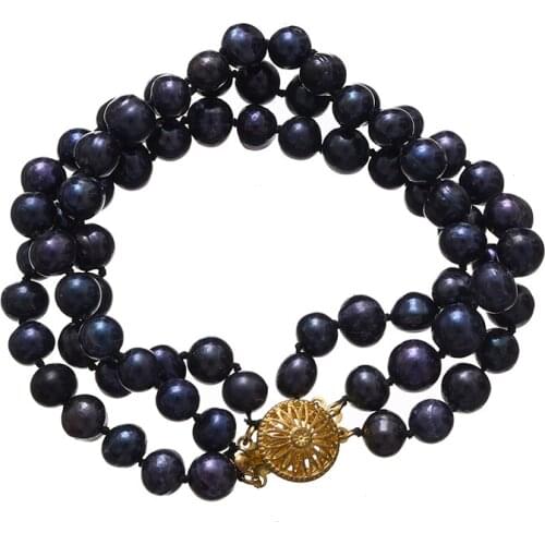 Natural 3 Rows Beautiful Bracelets Freshwater Black Pearls 7-8mm Making jewelry Bracelets 7inch H633