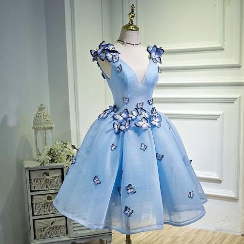 Sky Blue V-neck Butterfly Lace Vestidos De Cocktail Pleat Tulle Mini Cocktail Dresses Homecoming Little Black White Dresses