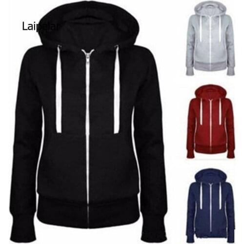 Solid Women Sweatshirt Hoodies Zipper Autumn Spring New Fashion Casual Black Hooded Sweatshirt Long Sleeve Coat Pullovers