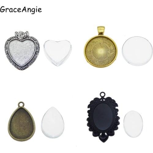 4 sets Retro Heart Mix shape Tray Bezel Blank Necklace Pendants with Glass Cabochons Antique Bronze Black Jewelry Making
