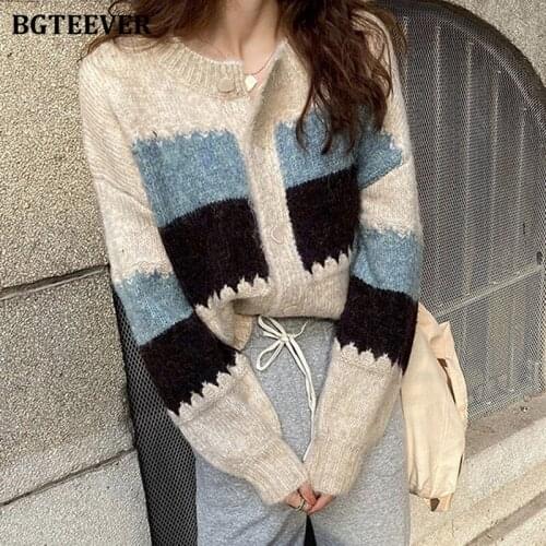 BGTEEVER Casual O-neck Patchwork Knitted Women Cardigans 2021 Autumn Winter Single-breasted Striped Women Sweaters Tops