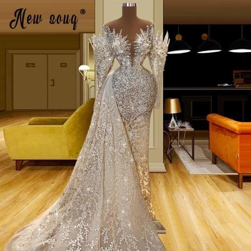Luxury Beading Illusion Evening Dress 2021 White Pearls Mermaid Prom Gown Middle East African Celebrity Dresses Wedding Dress