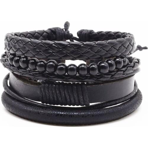 New Fashion Weave Punk Trendy Vintage Cuff Beads Anchor Charm Black Male Leather Men Bracelets Women Female Jewelry Accessories
