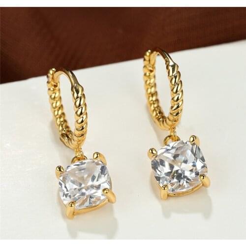Vintage Gold Color Small Earrings Simple Fashion White Zircon Hoop Earrings Luxury Crystal Square Stone Earrings For Women Party