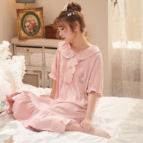 Wasteheart Women Homewear Pink Sexy Sleepwear Night Dress Lace Cotton Nightwear Nightgown Sleepwear Luxury Female Lovely Gown