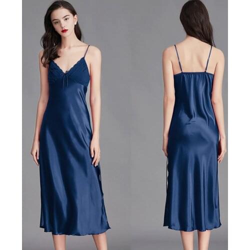 Women Sleepwear Sexy Lingerie Nightgown Lace Chemise Satin Slip Silk Negligee Nightie Bridal Wedding Slim Long Sleeping Dress