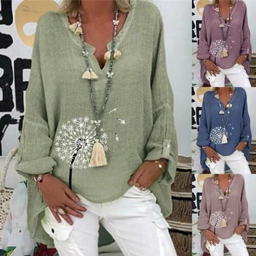 Women Long Sleeve Loose Deep V-neck Shirt Casual Dandelion Printing Blouse Top Solid Color All-match Lovely Girls T-shirt