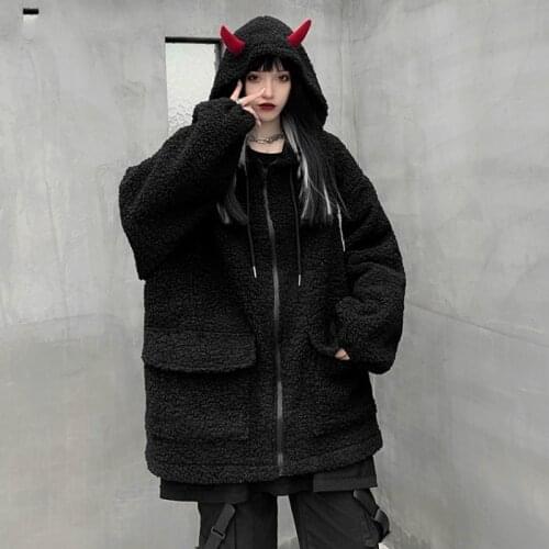 Harajuku Gothic Little Devil Lambwool Hooded Jacket Women Winter New 2020 Warm Thick Coat Female Harajuku Black Oversized Tops