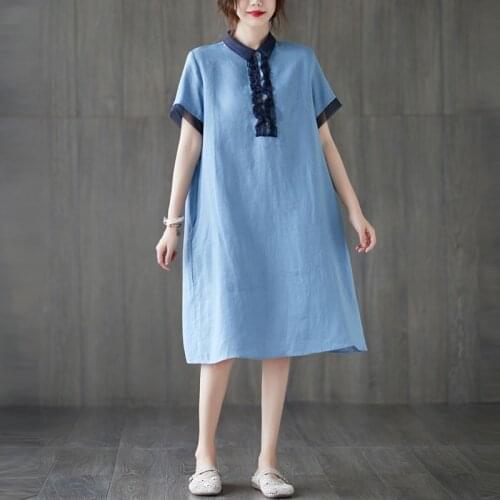Women Summer Loose Casual Dress New 2021 Korean Simple Style Turn-down Collar Female Cotton Linen Knee-length Dress S2925