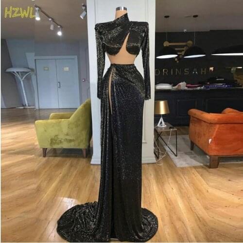 Two Pieces Black Sequins Evening Dresses Side Split High Neck Long Sleeves Prom Dress Mermaid Custom Made Luxury Robe De Soiree