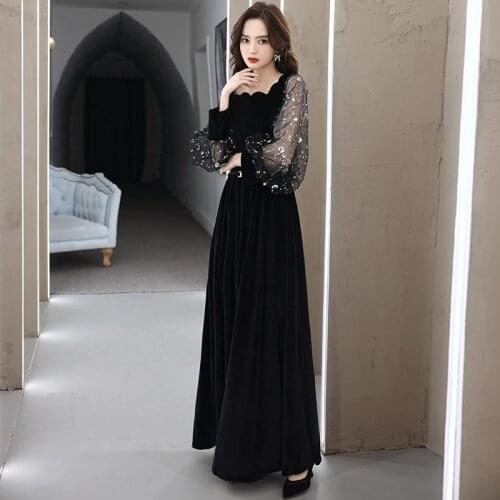 Black Velour Square Collar Evening Dress Sequins Lace Full Sleeves New A-Line Elegant Floor-Length Woman Formal Party Gowns A802