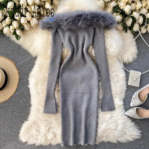 Women Knitted Dress 2021Autumn Winter Long Sleeve Off Shoulder White Sexy Party Dresses For New Year Furry Collar Elegant Robe