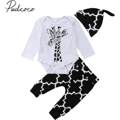 2018 Brand New Autumn Causal Toddler Baby Girls Boys Clothes Sets 3PCS Longsleeve Giraffe White Romper Tops+Long Pants+Hat 0-18M