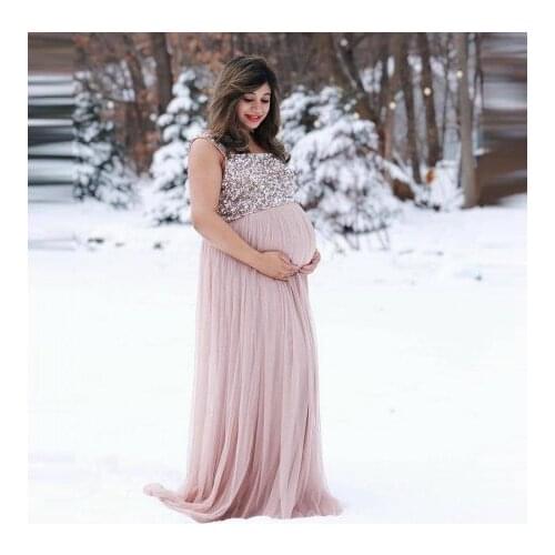 Glitter Bridal Pregnancy Dresses Sleeveless Sequins A Line Plus Size Empire Waist Photo Shoot Tulle Maternity Dressing Gowns