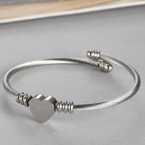 100% Stainless Steel Open Expandable Twisted Cable Wire Bangle Metal Adjustable Heart Bead Charm Bangle Wholesale 5pcs