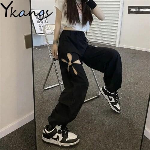 Flower Hollow Out Streetwear Harajuku Gothic Casual Harem Sweatpants Joggers Women Korean Fashion Baggy Elastic High Waist Pants