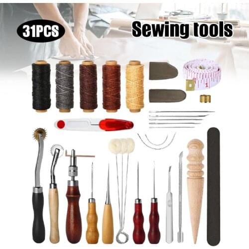 31 Pcs Leather Sewing Tools DIY Leather Craft Tools Hand Stitching Tool Set with Groover Awl Waxed Thread Thimble Kit STTA889
