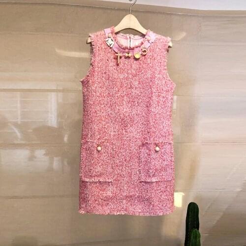 JSXDHK Fashion 2019 Autumn Winter Women Tweed Pink Vest Dress Luxury Pearls Beading Tassel Woollen Sleeveless Knee Vestidos