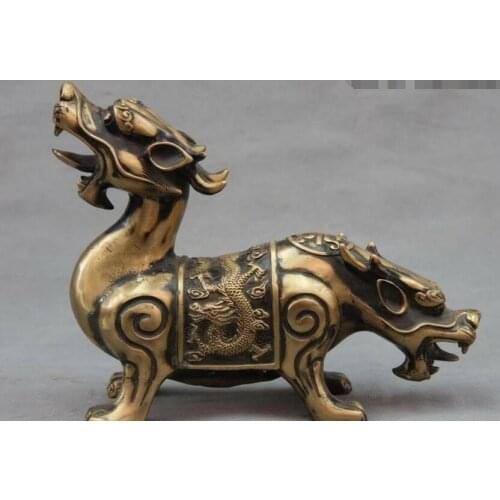 Chinese Royal Copper Bronze Fengshui Evil Beast Brave troops Dragon Lion Statue