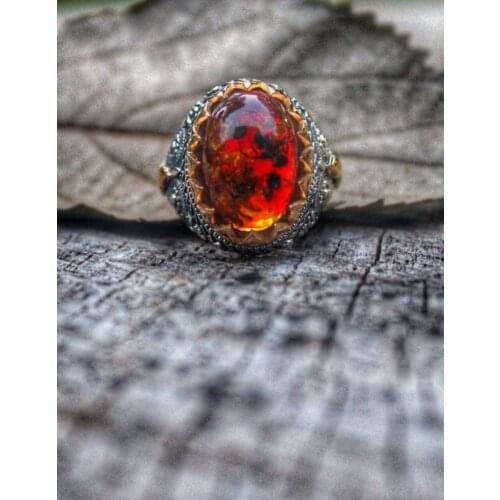 Ring with a size number of 10-30 rings. 925 sterling silver mens ring with fire amber stone. handmade . authentic ring