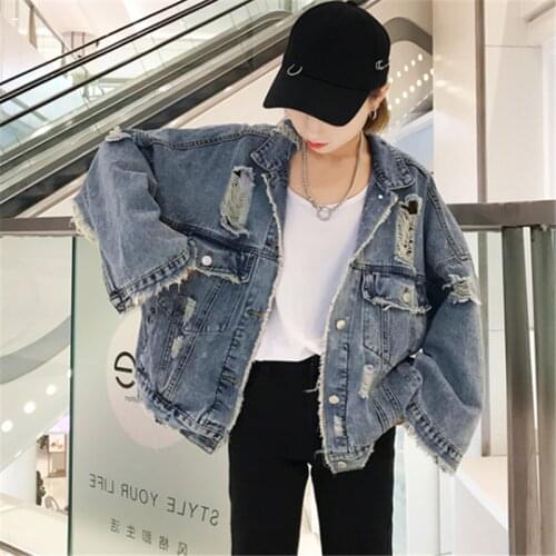 2021 Spring Autumn Fashion New Style Loose Lapel Long Sleeve Hong Kong Style Ripped Denim Jacket Womens Top Trend H90