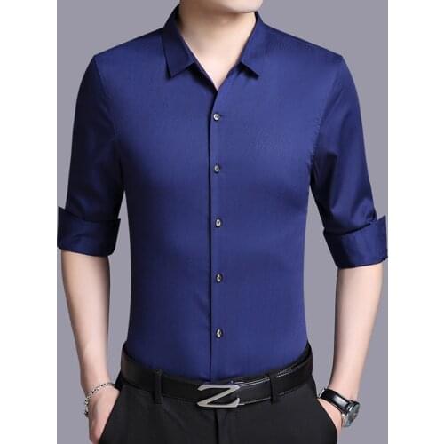 Men 2020 Long Spring Sleeve White Real Silk Shirt Black Mens Shirts Casual Slim Fit Korean Social Camisa Masculina KJ2266