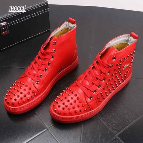 New Brand Men Studded Rivet Spike Lace Up High Tops Shoes Causal Flats Moccasins Luxury Punk Rock Boyfriend Sneakers A7
