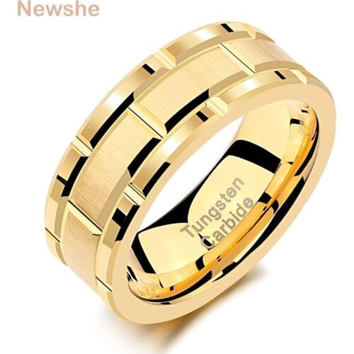 Newshe Mens Tungsten Carbide Ring 8mm Yellow Gold Color Brick Pattern Brushed Bands For Him Wedding Jewelry Size 9-13