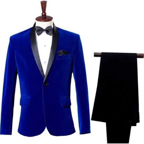 Men Velvet Suit Jacket and Pants Set Groom Wedding Prom Dinner Party Dress Costume Smart Casual Blue Burgundy 903-B435