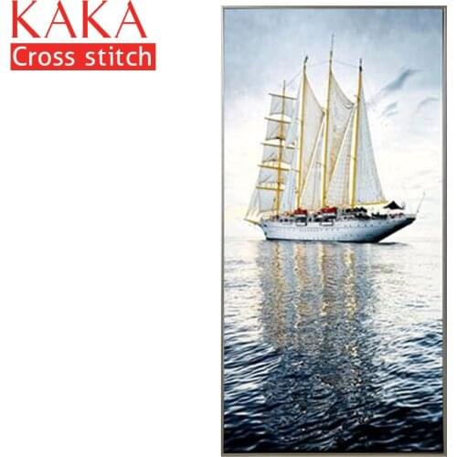 KAKA Cross stitch kits,5D Sea Sailboat Scenery,Embroidery needlework sets with printed pattern,11CT canvas,Home Decor Painting