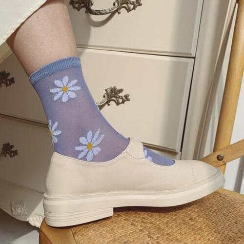 Summer Womens Socks Korean Style Flower Print Japanese Kawaii Cute Socks Thin Silk Transparent Harajuku Vintage Streetwear Sock