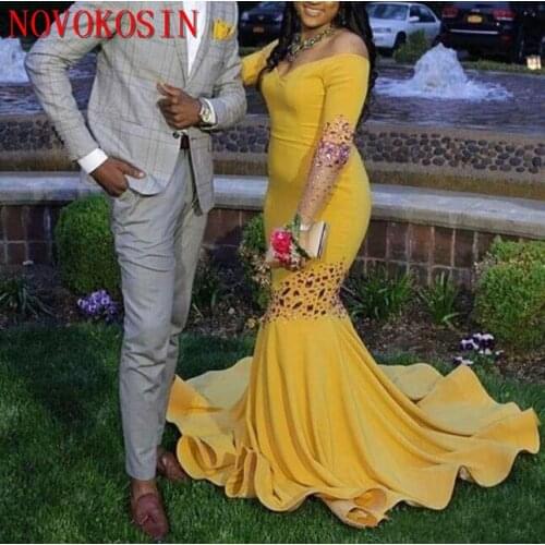 2019 African Prom Dresses Yellow Beaded Long Sleeves Plus Size Evening Gown Sweep Train Off Shoulder Formal Party Dress
