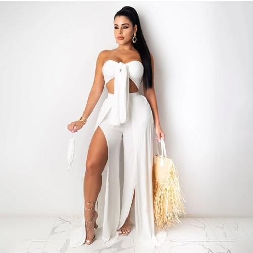 Sexy Party Two Piece Set Women Bow Tie Up Strapless Crop Top + Split Wide Leg Pants Matching Sets Vacation Birthday Club Outfits
