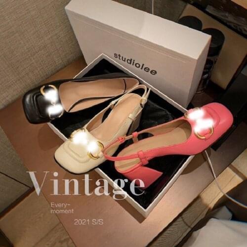 2021 Retro One-Line Buckle Thick Heel Toe Sandals Female Net Red Fashion Square Toe High-Heeled Fashion Sandals Trend