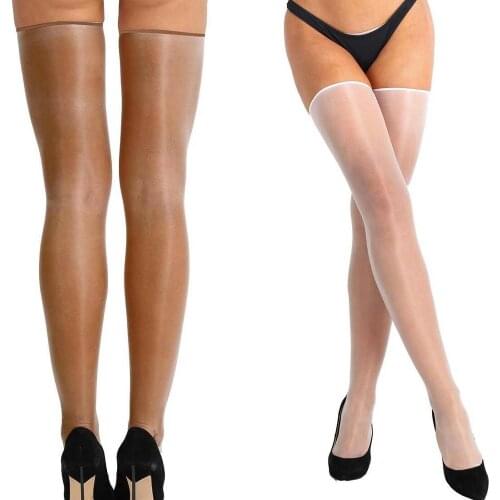 Sexy Women Sheer Oil Shine Thigh High Silk Long Stockings 10D Stay Up Glossy Wet Look Hosiery Thigh-Highs