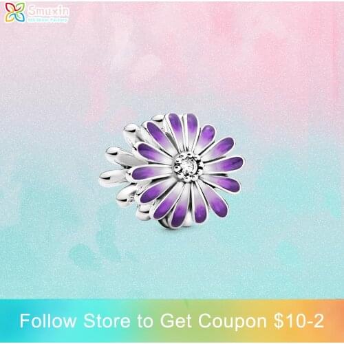 Smuxin 925 Sterling Silver Charm Purple Daisy Charm fit Original Pandora Bracelets for Women Jewelry Making Girl DIY Jewelry