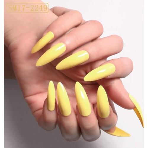 Extra long pointed oval fake nails slim art salon nail crystal diamond nail Lemon yellow