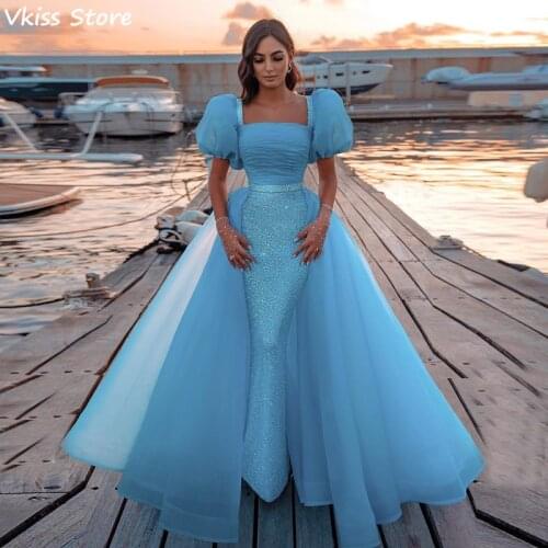 Sequin Mermaid Evening Dress Luxury Detachable Train Square Neck Short Sleeves Backless Evening Dress robe de soirée de mariage