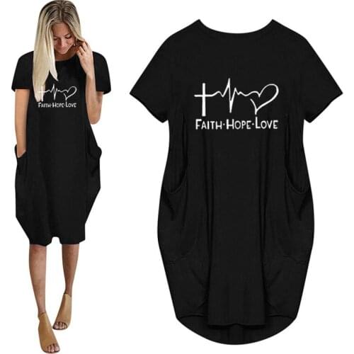 Summer New Fashion Faith Hope Love Letters Print Women With Pocket Ladies O Neck Top Female Harajuku Style Casual T Shirt Dress