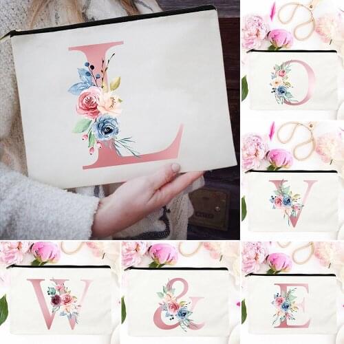 Pink Alphabet Flowers A-Z Women Cosmetic Bag Storage Make Up Pouch Ladies Outdoor Travel Toiletries Organizer Makeup Zipper Bags