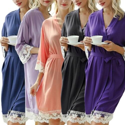 Women Robe Nightwear Sexy V Neck Lace Patchwork 3/4 Sleeve Dress Waist Belt Robe Sleepwear Nightdress Large Size 14 Colors