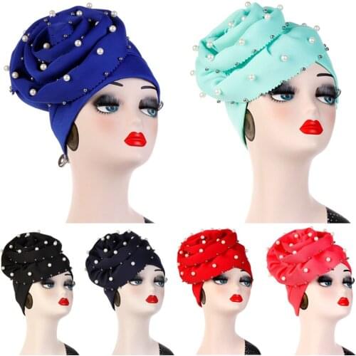 Women Stylish Pearls Beaded Turban Hats Big Flower Headwear Headwarp Cap HATQD0052