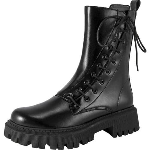 Womens Platform Ankle Boots Female Zip Lace Up Low Heels Ladies PU Leather Round Toe Shoes Women Fashion Casual Footwear