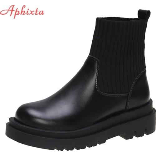 Aphixta 2021 Boots Women Stretch Fabric Elastic Band 5cm Double LayerChunky Heel Antiskid Platform Ankle Boot Shoes Woman Boats