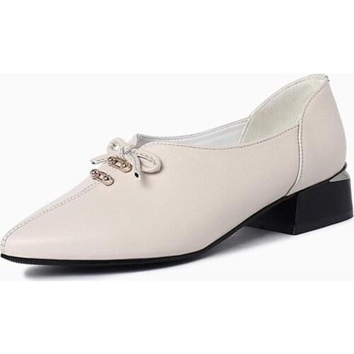 2020 New Spring Bow Pointed Low-heel Shoes Woman Genuine Leather Shoes Fashion Casual Shoes Elegant Wear Comfort Driving Shoes