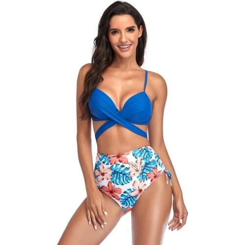Hip-covered Women Swimsuit Print Bikini Sexy Cross Straps Swimsuit Female High Waist Two Piece Swimwear Beach Bathing Suits