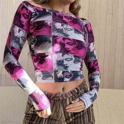 Mall Grunge Face Portrait Print Crop Top Y2K Aesthetic Vintage Long Sleeve Slim Fit T-shirt 90s Vintage Women Autumn Tees Gothic